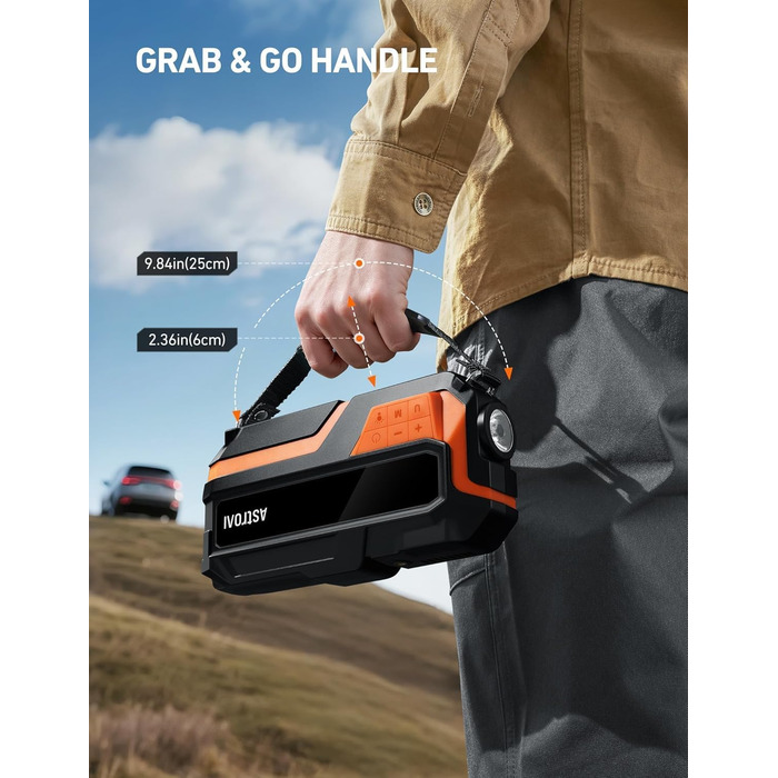 Powerbank AstroAI MF16 6000A з компресором 150PSI: старт для авто, мото, SUV (12V, 10L бензин/8L дизель), LED-дисплей, оранжевий