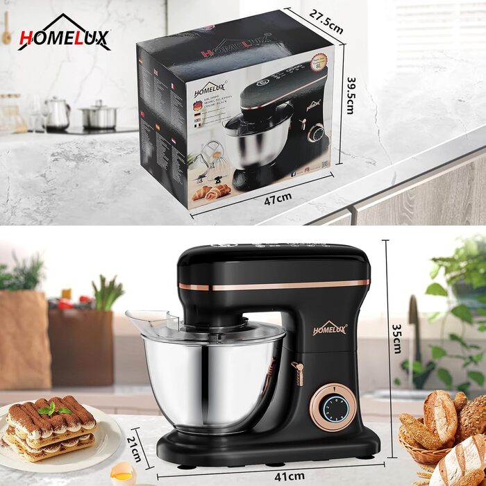 Кухонна машина HOMELUX 1800W з чашею 8 л з нержавіючої сталі, 6 швидкостей, LED-дисплей, насадки для замішування, збивання та взбивання, захист від бризок (чорний)