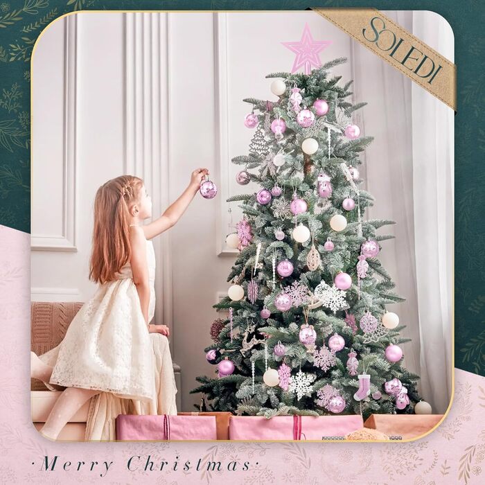 Набір ялинкових прикрас SOLEDI® 128шт. Преміум якість: рожеві та білі пластикові кулі з зіркою та верхівкою. Міцний та безпечний набір прикрас з петельками. Яскраві ялинкові кулі, багаторазовий декор для Різдва.