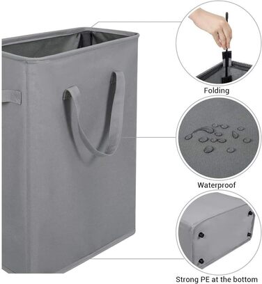 Chrislley Slim Laundry Basket Small Laundry Basket Foldable Laundry Basket Collapsible Laundry Bag Narrow Laundry Basket with Handle - 45L Grey