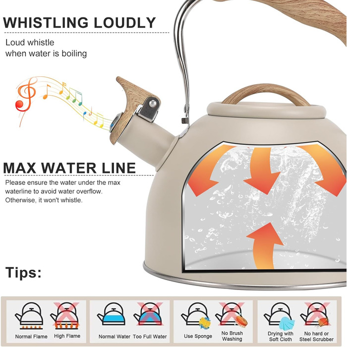 Чайник для плити Vegoran 3 літри, з гучним свистком, з нержавіючої сталі з дерев'яним декором, з клапаном, для чаю, кави, молока (зелений)