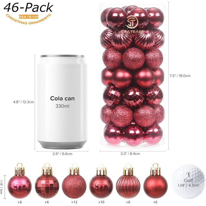 41 штука прикрас для ялинки Sea Team: міцні пластикові кулі з ниткою, 60 мм (блакитний, золотий, червоний), 30 мм