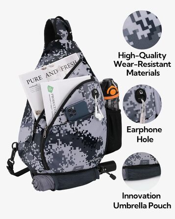 Сумка через плече WATERFLY: рюкзак-слінг для туризму, велоспорту та подорожей (Tarnweiß)