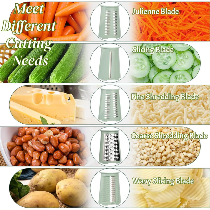 Ручна тертка для сиру та овочів з 5 зміненими лезами з нержавіючої сталі, кругла тертка з ручною рукояткою, харчовий подрібнювач для кухні, зелена коробка для зберігання