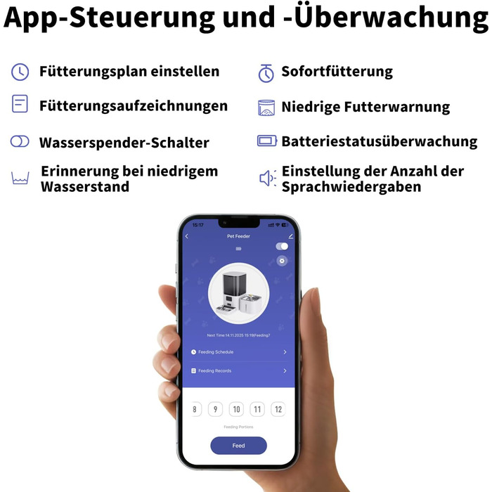 Автоматичний диспенсер корму та води для котів DOEL 2-в-1 з керуванням через додаток, голосовою підтримкою та таймером, 6л корму + 2.5л води