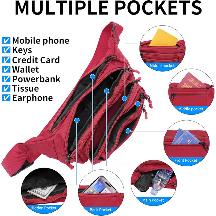 Поясна сумка на пояс, на стегно, унісекс, 30 см, червона. Зручна для подорожей, прогулянок з собакою, чоловіча та жіноча