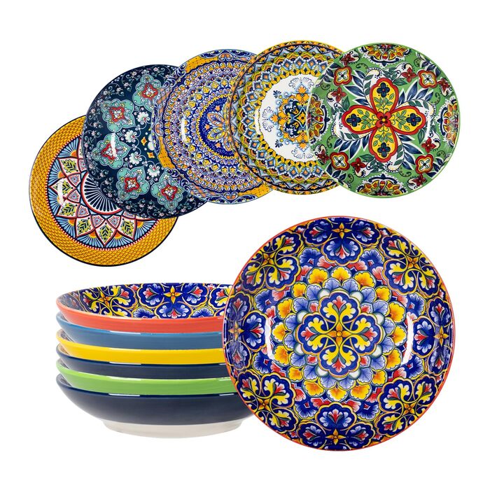 HENXFEN Набір супових тарілок з порцеляни, 700мл, 6 шт. Яскраві тарілки для супу, пасти, салату, фруктів - Богемний стиль