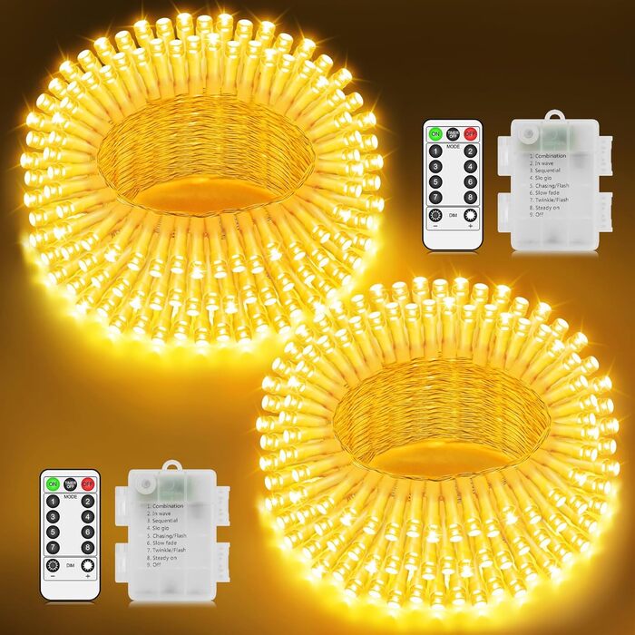 Льод-гірлянда LED 200 LED на батарейках: тепле світло, водонепроникна, з пультом, для декору саду, вечірки, балкона, ялинки