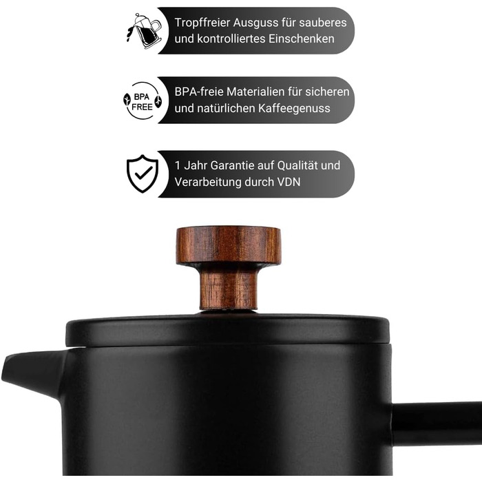 Френч-прес VDN з нержавіючої сталі - 700 мл, 5-6 чашок. Термофренч-прес з подвійними стінками, 3-х рівнева фільтрація, чорний колір