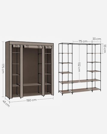 SONGMICS Wardrobe, Fabric Closet, with Clothes Rail and Shelves, Fabric Cover, for Bedroom, Dressing Room, 150 x 45 x 175 cm, LSF03H (Taupe)