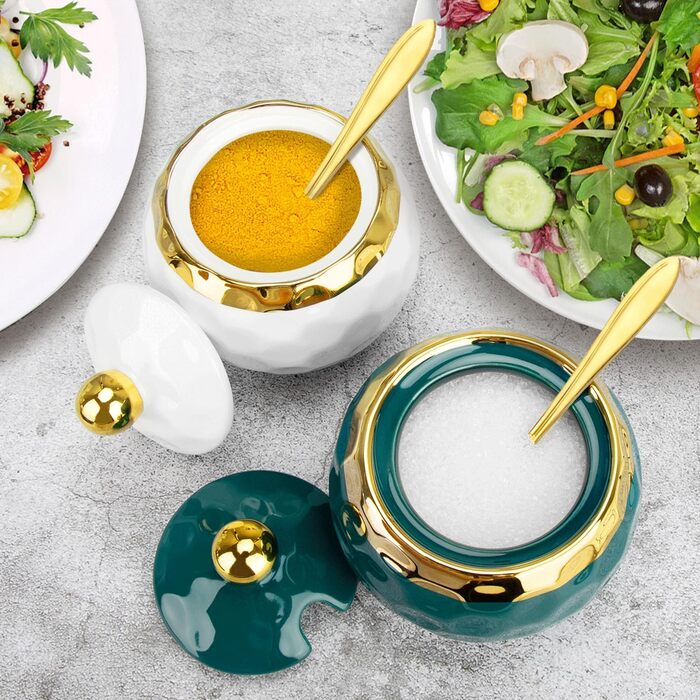 Керамічні солянки та цукерниці з кришкою та ложкою, набір для дому та кухні, зелений малюнок мармуру