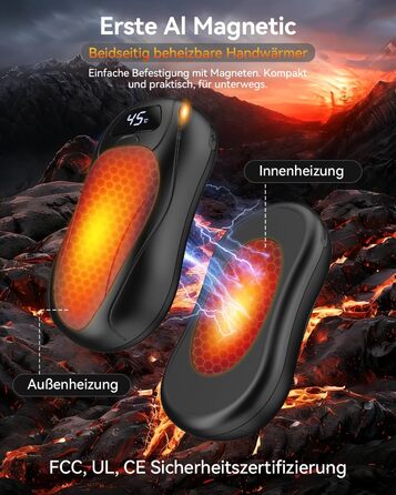 Електричні грілки для рук 6000 mAh, 2 шт. Ultra Light з магнітною двосторонньою системою нагріву, LCD-дисплеєм, 12+ годин, 35°C-55°C, багаторазові для дітей, для гольфу/кемпінгу, чорні