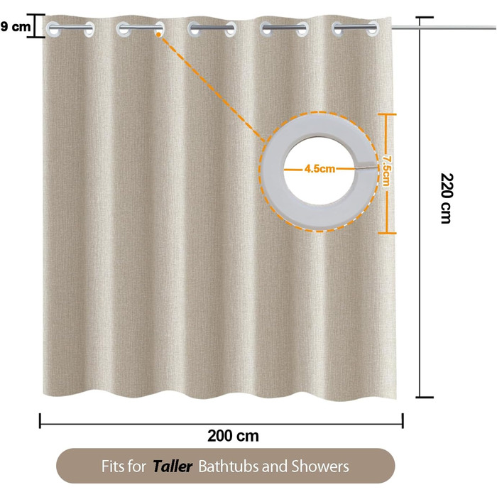 Штора для душу YISURE 200x220 см, бежева, льон, без гачків, водонепроникна, текстильна