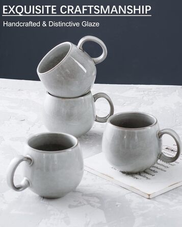 Set of 4 porcelain cups, 600mL coffee cup set for 4 people, modern style, breakfast mugs, exquisite tableware set, suitable for dishwashers, light grey