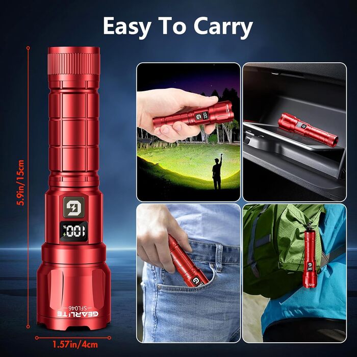 LED ліхтарик Gearlite, 6000 люмен, тактичний, з регулюванням фокусу, 3 режими, водонепроникний IP65, для кемпінгу, риболовлі, туризму, надзвичайних ситуацій (червоний, 1 шт.)