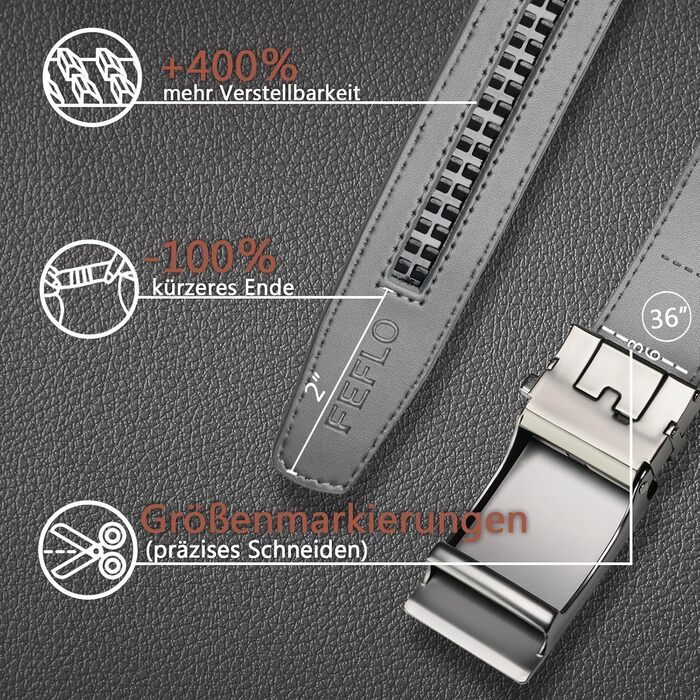 Чоловічий шкіряний ремінь FEFLO з автоматичною пряжкою, регульований, 35 мм, для костюма, джинсів, штанів, повсякденного та ділового стилю (сірий, 130 см, для талії 103-113 см)