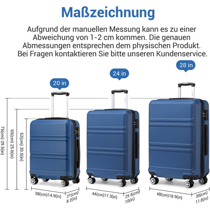 KONO Валіза-Тролей XL (74 см) з ABS+PC, 4 колеса, TSA-замок, для подорожей, бізнесу та сімейного відпочинку, темно-синій