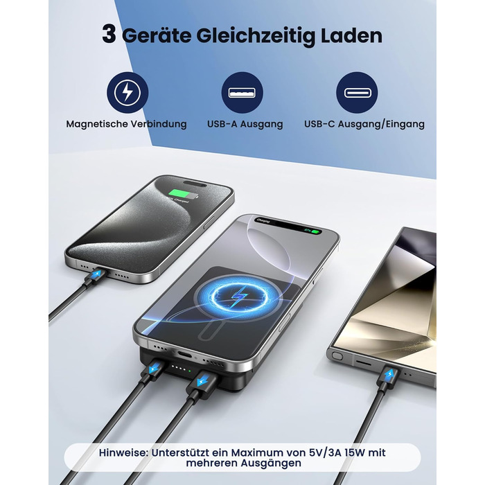 Power Bank 12000mAh з MagSafe, Магнітний Пауербанк Швидка Зарядка QC4.0 22,5W PD20W USB-C, Бездротовий Акумулятор для iPhone 16/15/14/13/12, Чорний