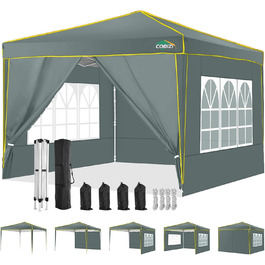 COBIZI Pavilion 3x3 Waterproof Stable Winter-Proof Party Tent, Folding Pavilion 3.0, 100% Waterproof and UV 50+ Portable High-End Portability Garden Pavilion, (Gray, 3x3 with 4 Side Walls)