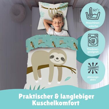 Дитяча постільна білизна Kinderbettwäsche Set: комплект 2 шт. з тваринами та глобусом. Декоративна ковдра 135x200 см + подушка 80x80 см, блискавка. Підходить для хлопчиків та дівчаток, 100% бавовна, ренфорсе, гіпоалергенна, сертифікат Oeko-Tex (лінивець)