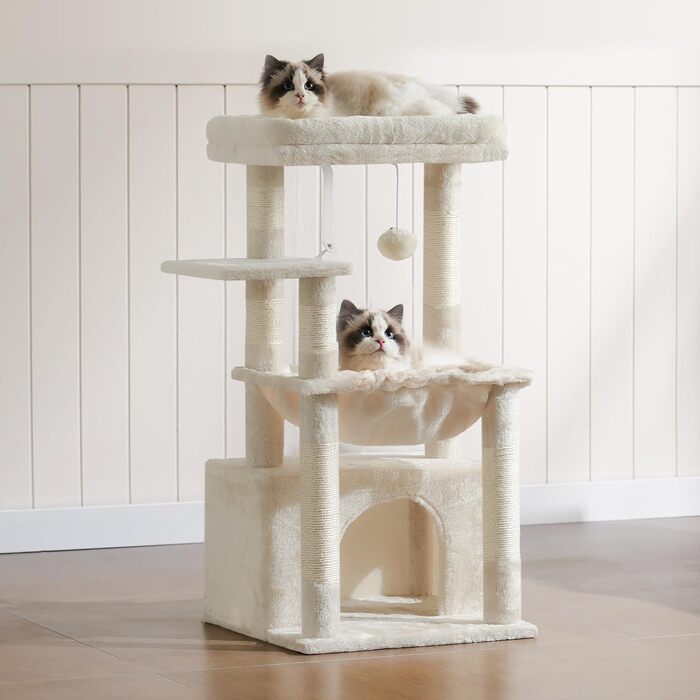 Котячий будиночок Heybly HCT008SW (Бежевий): міцний котячий будиночок з великим м'яким кошиком, стійкими сизалевими стовпчиками та місцем для сну