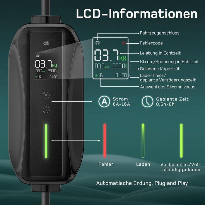 Кабель зарядки Schuko 3.68kW для електромобілів, 6м, 6-16A з цифровим дисплеєм