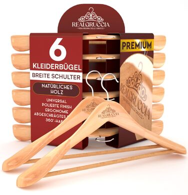 Дерев'яні вішалки для одягу RealGruccia, 6 шт. - для штанів, костюмів, сорочок. Темно-коричневий колір, антиковзкі виступи, 22x45 см