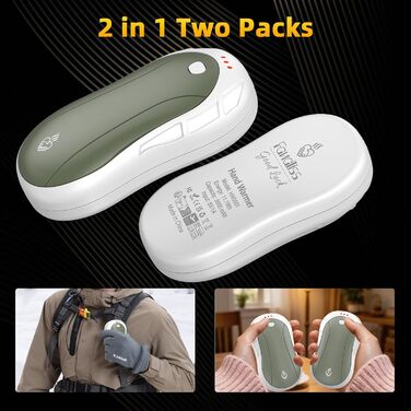 Електричні грілки для рук 2 шт. FANDLISS, портативні, акумуляторні, 6000mAh, до 12 годин роботи, USB, для кемпінгу, полювання, гольфу, білий/зелений
