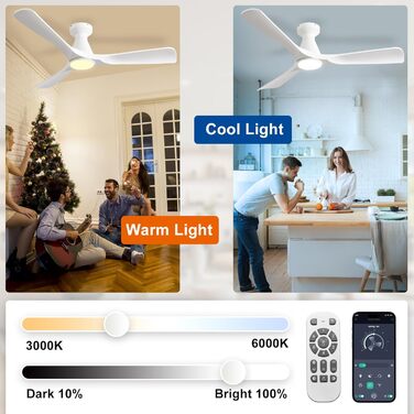 Стелянка вентилятор Depuley 42 дюйми з підсвічуванням: 3 лопаті, врізний монтаж, для спальні. Диммування, керування через додаток, тихий DC-двигун, таймер. Білий колір.