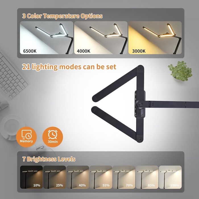 LED лампа для столу Litren 80 см з USB, сенсорне управління та таймер, 24W, чорна