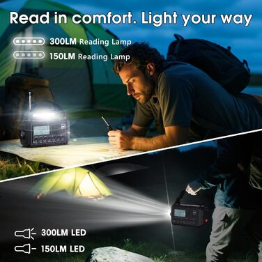 Радіо DAB/DAB+/UKW з вбудованим акумулятором 5000mAh, сонячне, аварійне, з USB-зарядкою, для кемпінгу, з LED-ліхтариком, SOS-сигналом, ручне, портативне, чорне