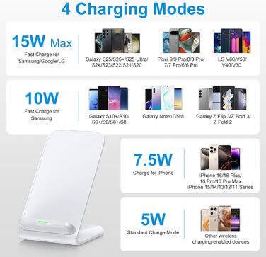 Бездротовий зарядний стан Google Pixel, 15W, для Pixel 10/9/8/7/6/5 та Samsung Galaxy S25+/S24 FE/S23/S22/S21, білий