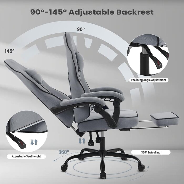 WOLTU Gaming Chair with Pocket Spring Cushion, Gaming Recliner with 330 lb Weight Capacity, Ergonomic Swivel Chair, Gamer Chair with Headrest, Lumbar Pillow, Footrest, Mesh Fabric, Grey, GS11gr Grey+Black Mesh Fabric