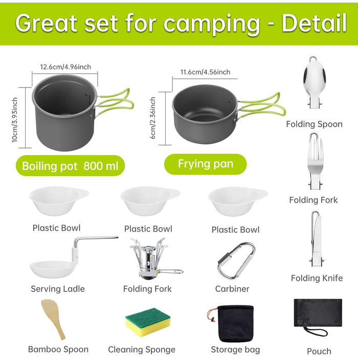Набір посуду для кемпінгу з газовою плитою, туристичний посуд, складний набір каструль з алюмінію для BBQ, пікніка, походів (1-2 особи)