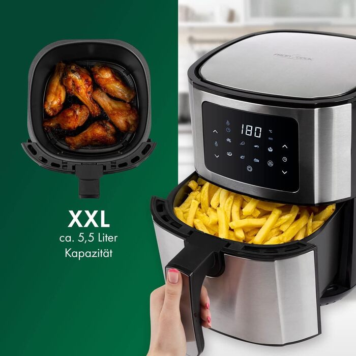 Аерофритюрниця ProfiCook 5,5 л, 1400 Вт, нержавійка, LED, 7 програм, без олії, для картоплі та нагетсів