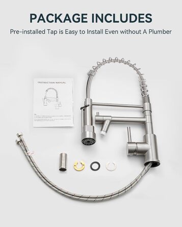 Сучасна кухонна змішувач Warmiehomy з LED-підсвічуванням, поворотний на 360°, з двома виливами, високий вигин, спіральна пружина, для мийки, з нержавіючої сталі, брашований нікель