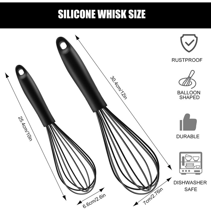 Набір силіконових вінчиків Schneebesen 2 шт. Чорний, для змішування, збивання, збивання та перемішування. Підходить для кухні, з нержавіючої сталі, з антипригарним покриттям.