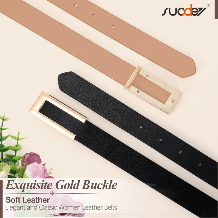 Жіночий тонкий шкіряний ремінь SUOSDEY з золотою пряжкою (чорний+хакі, 100 см)