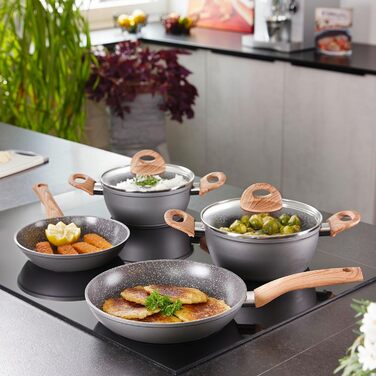 STONELINE Ceramic Cookware Set, 14-Piece, 18/20/24cm Pots and Pans, PFAS-Free, Cookware Set, Pan Set, Induction, Cookware Set with Lids, Ceramic Coating with Real Stone Particles, Wood-Look Handles, 14-Piece
