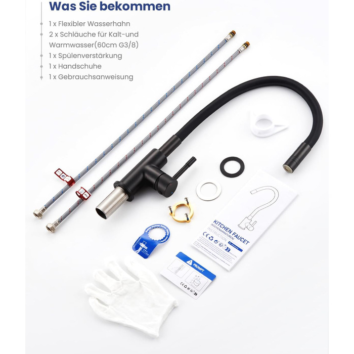 Змішувач для кухні гнучкий чорний, нержавіюча сталь, 2 режими струменя, 360° поворот, кухонний змішувач, преміум якість