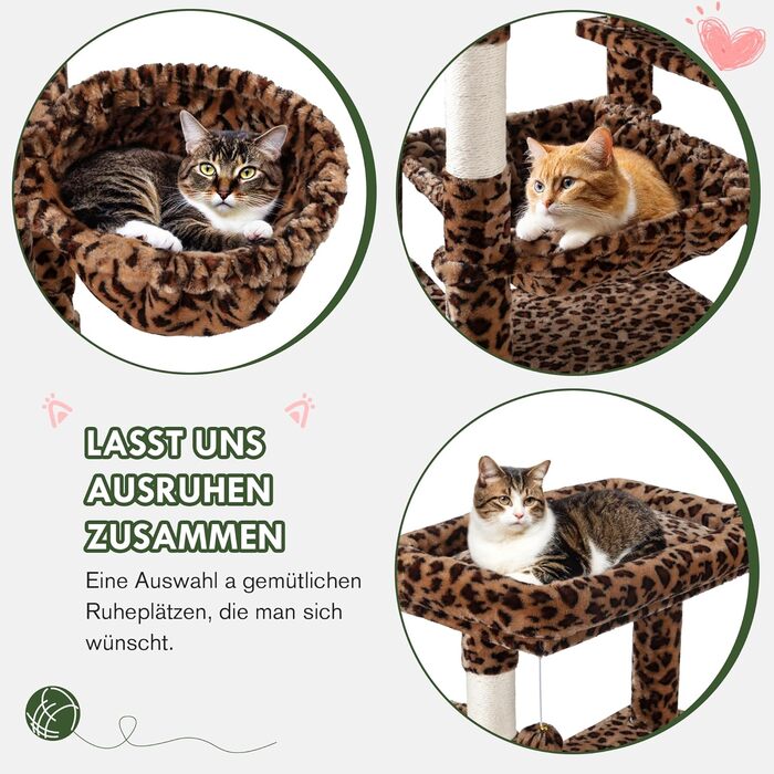 Котячий будиночок MUTICOR з когтеточкою, 206 см, багатоярусний, для великих котів, з гамаком, плюшевими платформами, широкою основою (леопардовий принт)