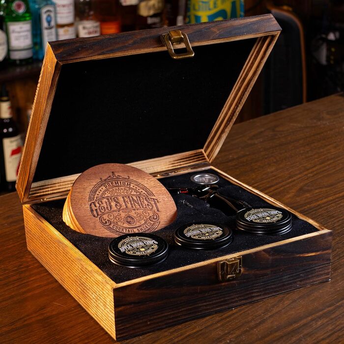 Набір для копчення віскі | Набір для копчення коктейлів | Набір для копчення бурбону | Набір для копчення Old Fashioned з потрійною запальничкою, 6 дерев'яних стружок та дерев'яною коробкою для копчення напоїв | Подарунок для чоловіків (без бутану)