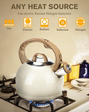 Чайник Teekessel 2.1 л з плитою, чайник з нержавіючої сталі з дерев'ястим декором, складаний ручка, для всіх типів плит (білий)