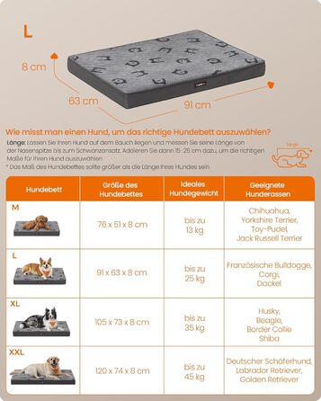 Крізь для собак Feandrea, м'яке ліжко для собак, знімний килимок, водонепроникне, 76 x 51 x 8 см, розмір M, для маленьких та мініатюрних собак, Taubengrau PGW241G01 (L (91 x 63 x 8 см))