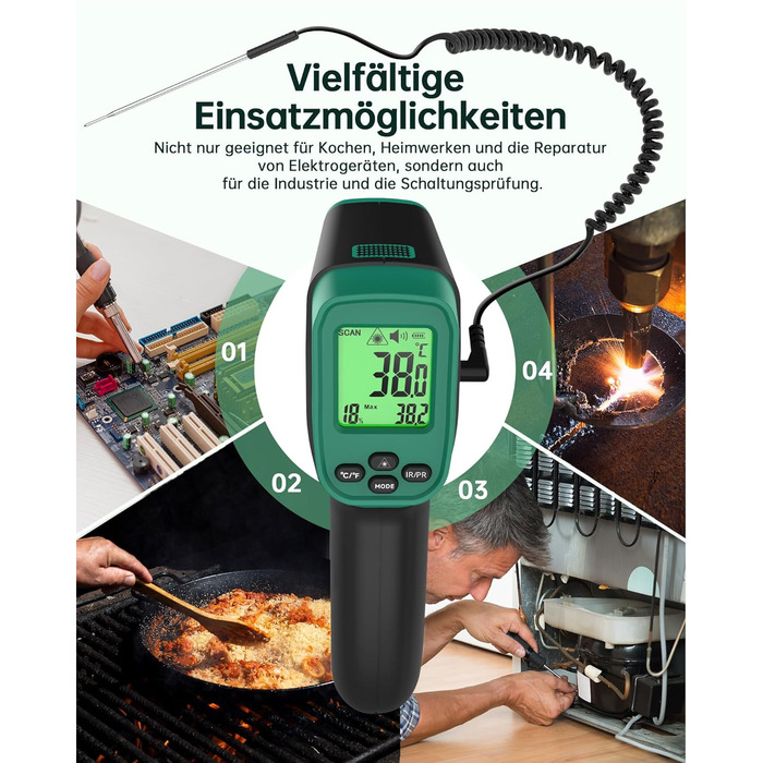 Інфрачервоний термометр ERICKHILL -50°C до 800°C, безконтактний цифровий лазерний термометр з щупом для м'яса -50°C до 300°C, регульований коефіцієнт випромінювання – для приготування їжі/грилю/заморожування