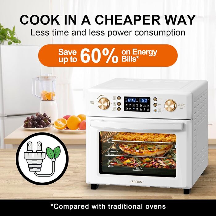 Аерофритюрниця LLIVEKIT 26 л, міні-піч з конвекцією, 14-в-1, 360° циркуляція повітря, швидке та здорове приготування з низьким вмістом жиру, енергозбереження 60%, 1700 Вт, кремова, 8 аксесуарів, книга рецептів