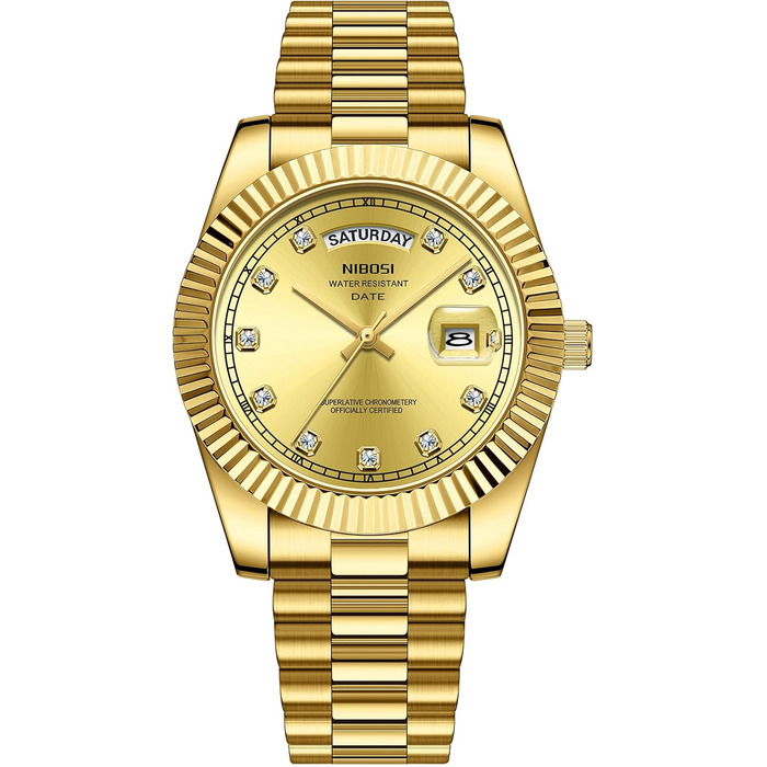 Годинник NIBOSI для чоловіків: аналоговий кварцовий годинник з нержавіючої сталі, водонепроникний, з датою та індикатором дня тижня, бізнес-стиль, класика (2627-gold)