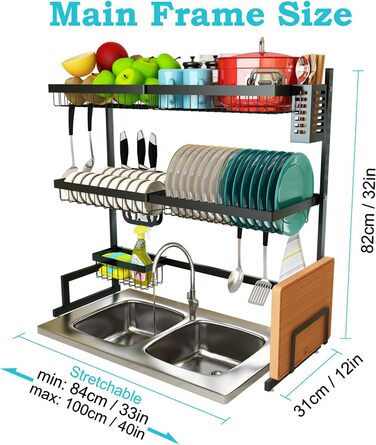 Сушарка для посуду на мийку, 3-ярусна, нержавіюча сталь, регульована (84-102 см), велика сушарка для стільниці (чорна)