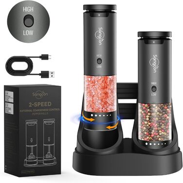 Sangcon Electric Salt and Pepper Grinder, 2 Speed Settings, 6 Grind Settings, Automatic Pepper Grinder with USB Charging Station, One-Handed Grinding (Space Grey)