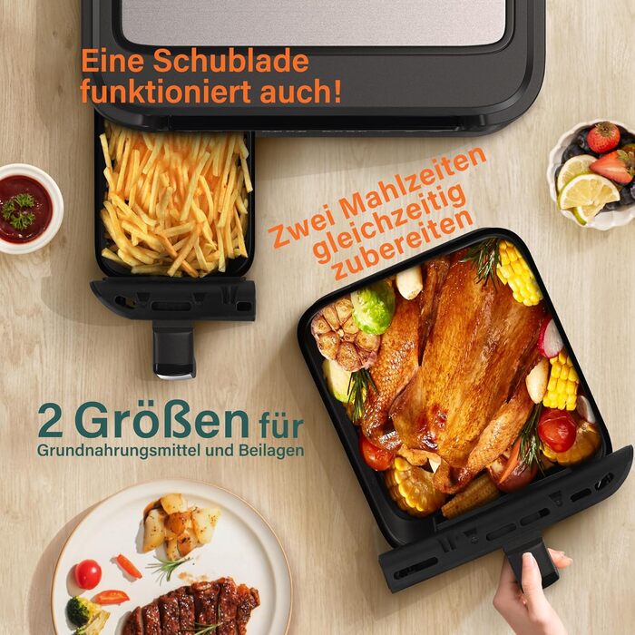 MECIGA Dual Zone Air Fryer, Double Chamber Air Fryer with Viewing Window, Transformable Hot Air Fryer, 12L Large Air Fryer, 2 Drawers, Oil-Free Fryer, Dishwasher Safe, 2400W, Black